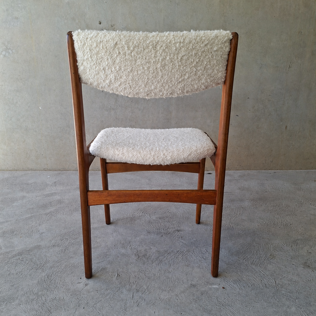 Erik Buch Teak Dining Chairs in Warwick Boucle. Set of Eight.