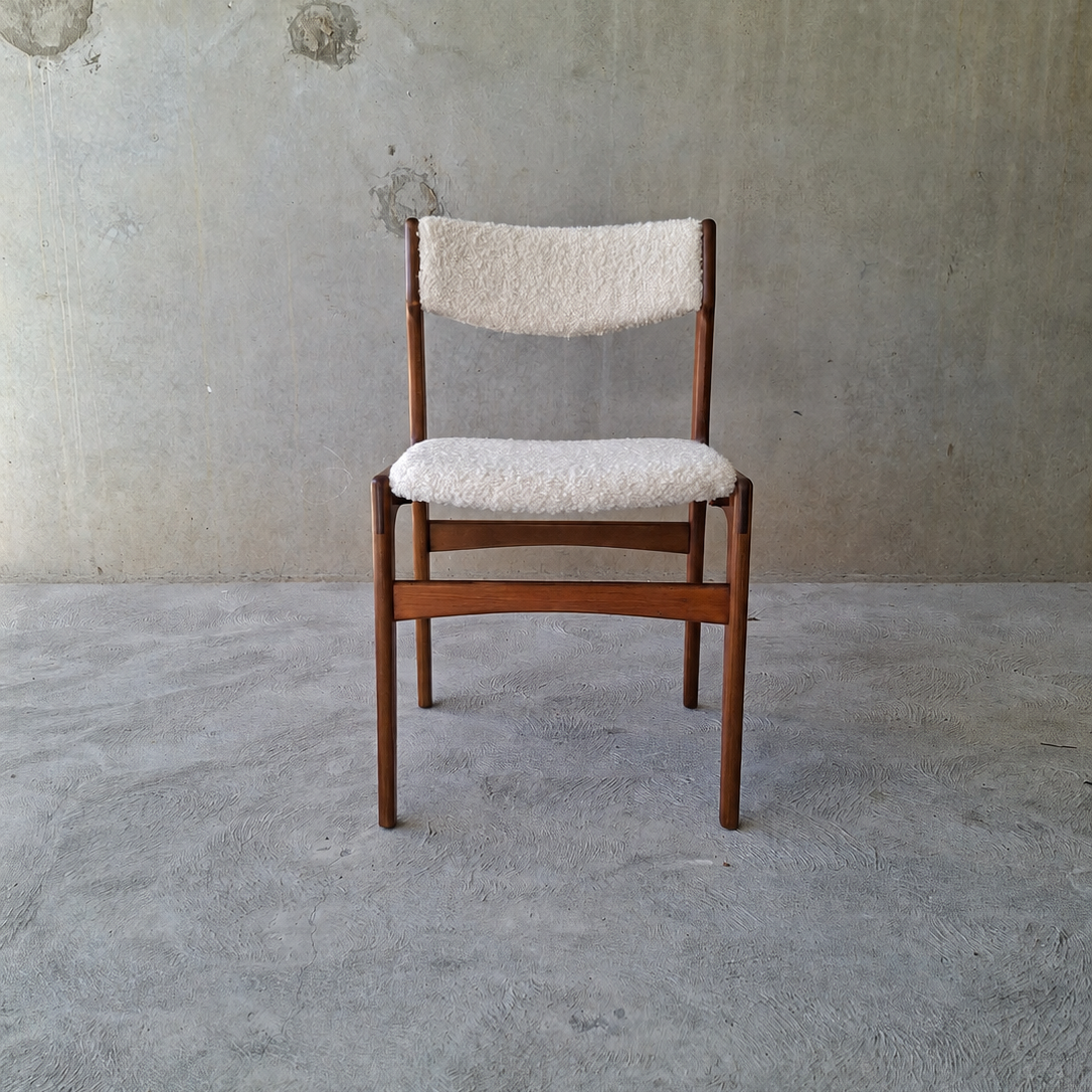 Erik Buch Teak Dining Chairs in Warwick Boucle. Set of Eight.