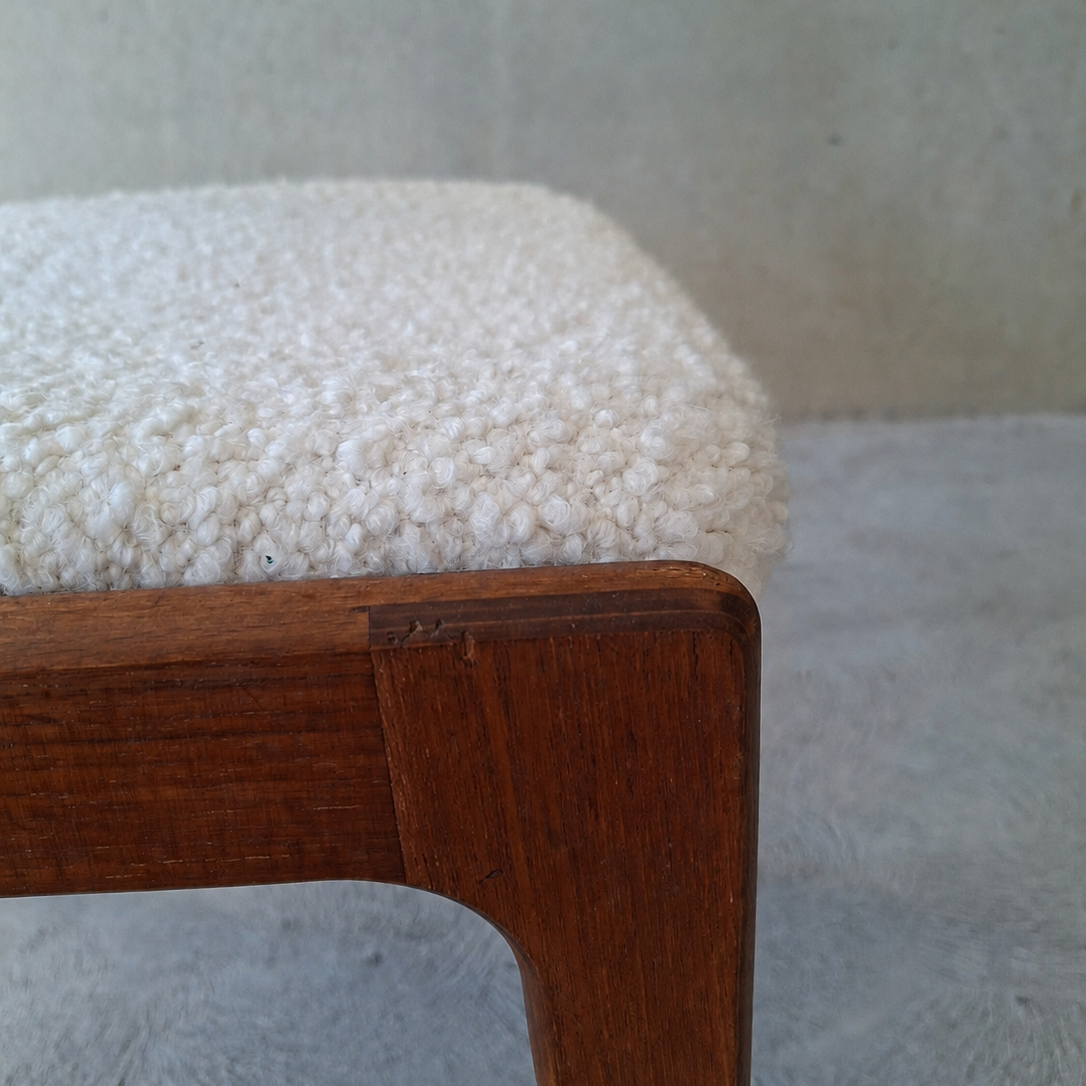 Erik Buch Teak Dining Chairs in Warwick Boucle. Set of Eight.