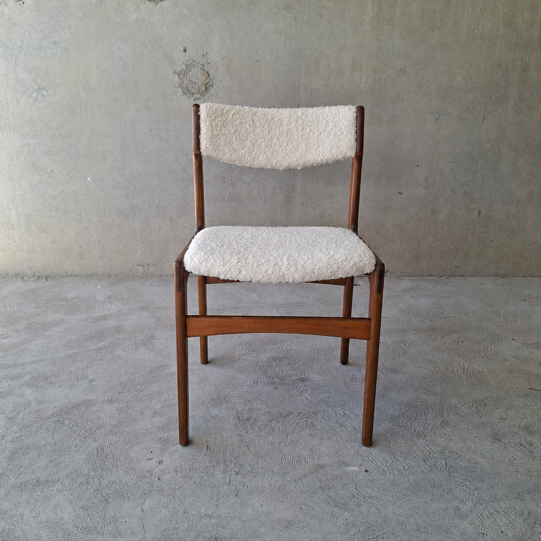 Erik Buch Teak Dining Chairs in Warwick Boucle. Set of Eight.