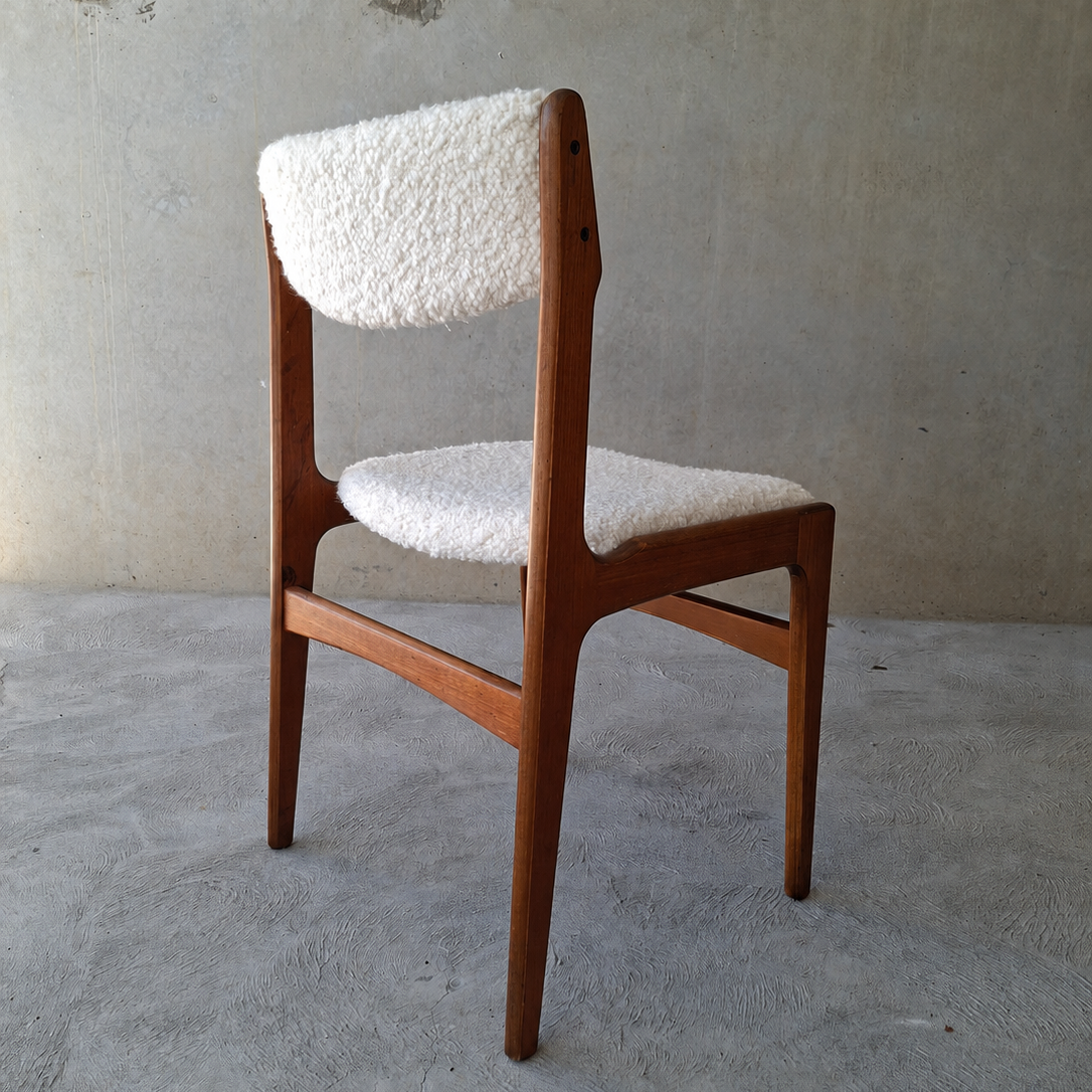 Erik Buch Teak Dining Chairs in Warwick Boucle. Set of Eight.