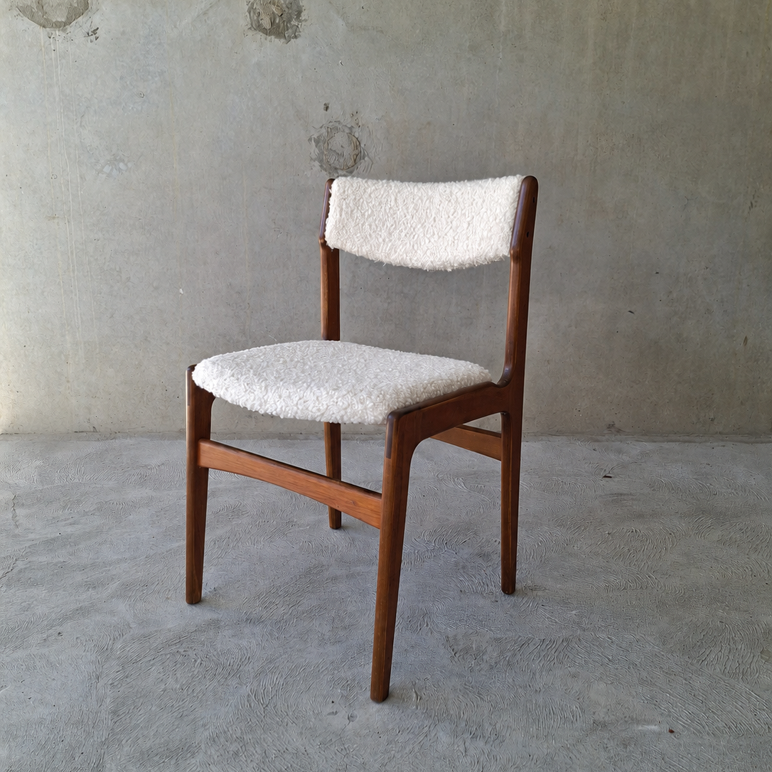 Erik Buch Teak Dining Chairs in Warwick Boucle. Set of Eight.
