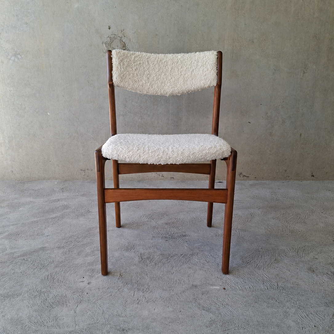 Erik Buch Teak Dining Chairs in Warwick Boucle. Set of Eight.