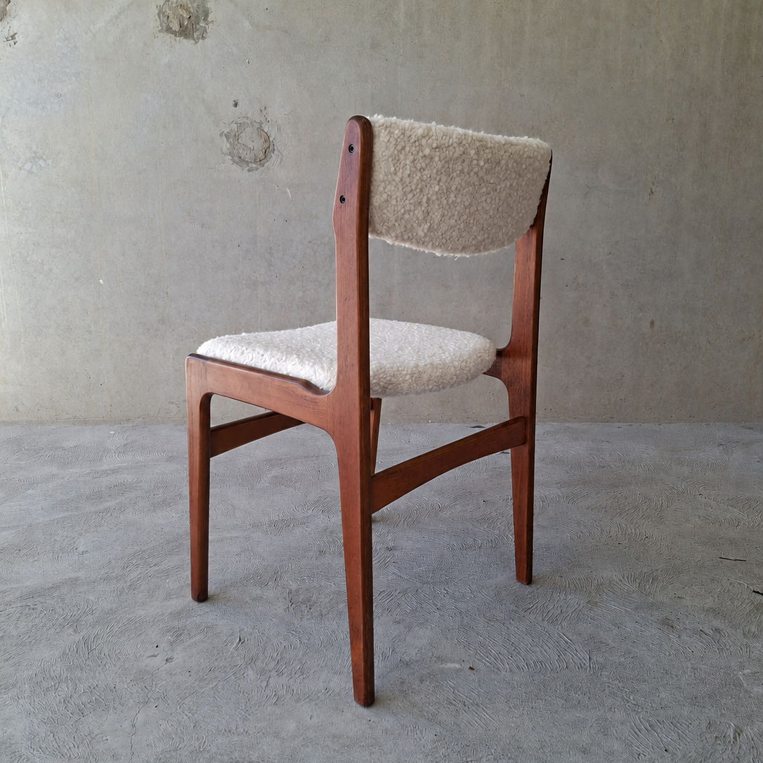Erik Buch Teak Dining Chairs in Warwick Boucle. Set of Eight.