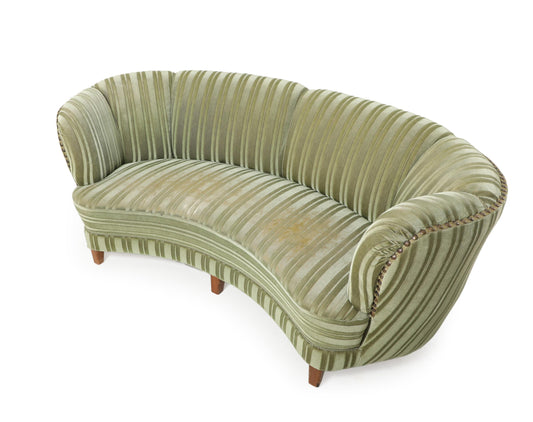 Curved Danish Sofa in Olive Velour