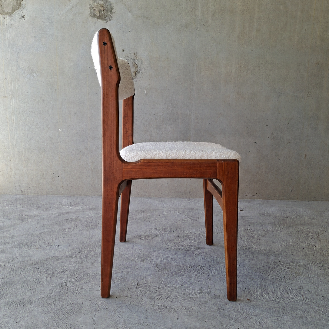 Erik Buch Teak Dining Chairs in Warwick Boucle. Set of Eight.